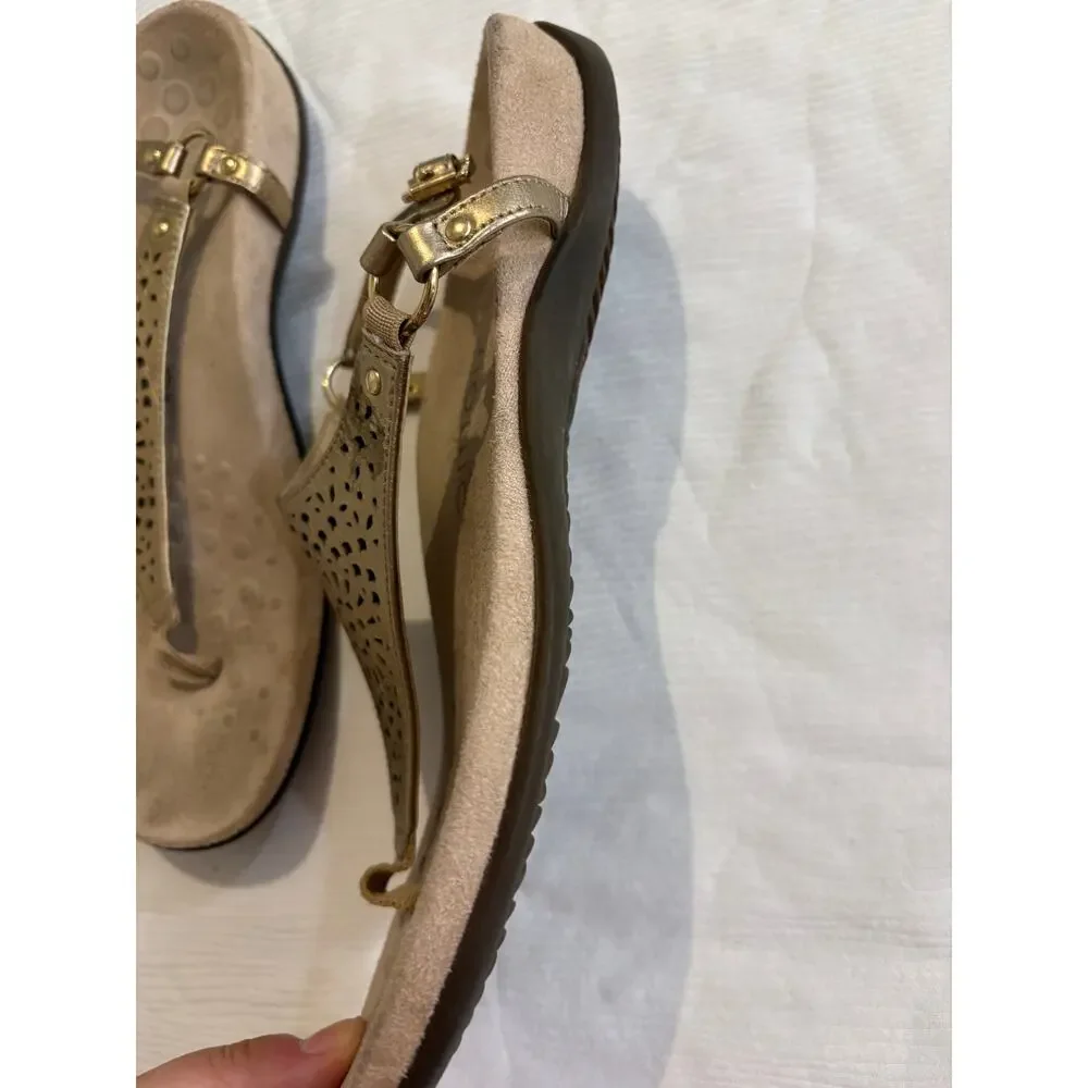 Vionic Kirra Sandals Gold Perforated Leather Thong Slingback Arch Support 10